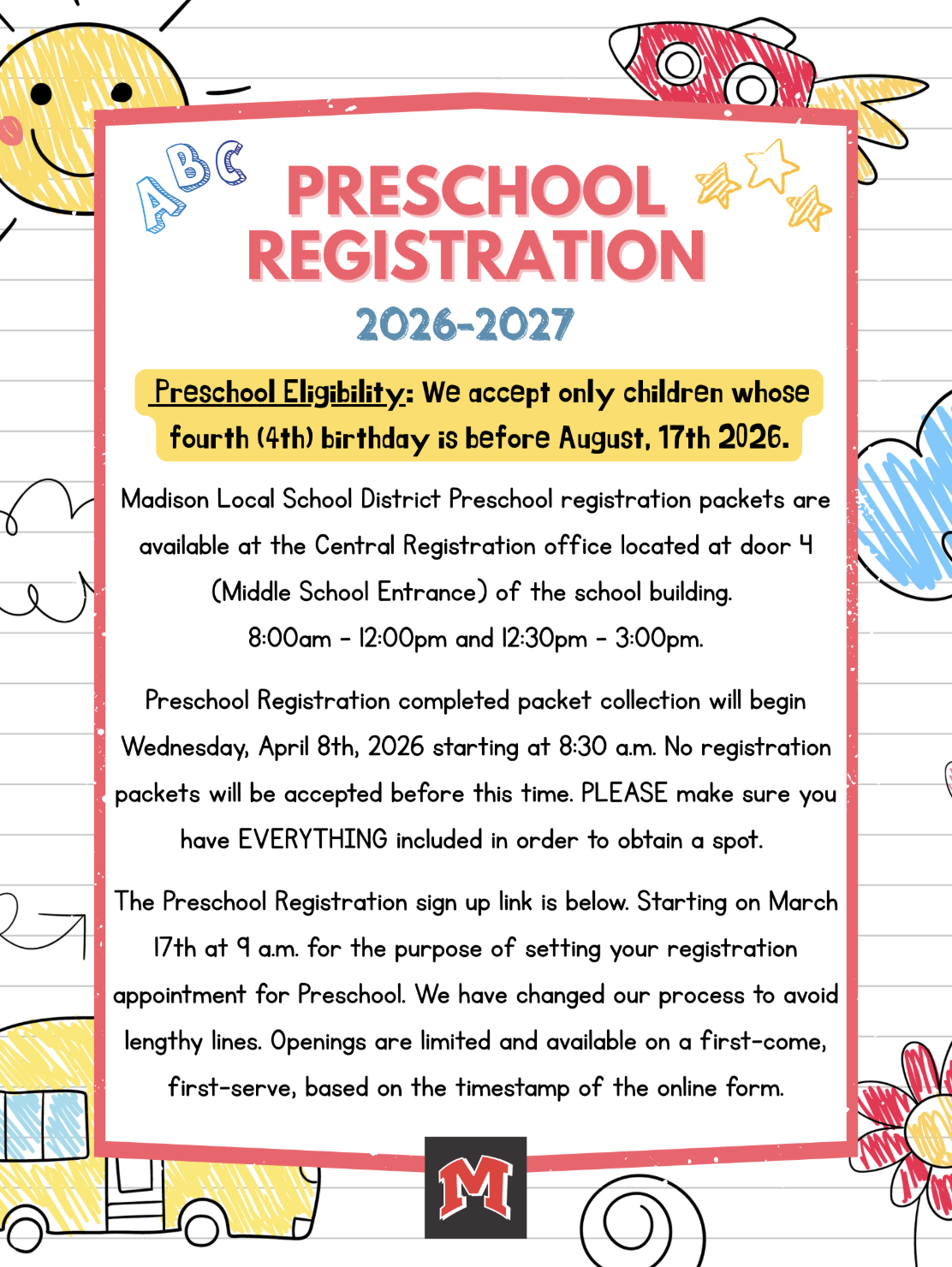 Preschool flyer with registration information for the 2026-2027 school year